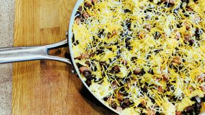 Sweet Potato Scramble with Ham and Caramelized Onions