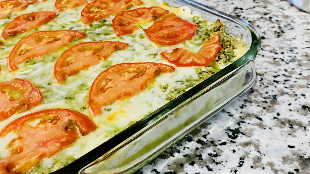 Cheesy Pesto Spaghetti Squash Bake